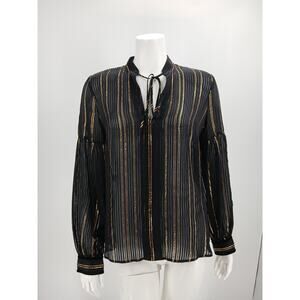 Derek Lam 10 Crosby Top Womens Size 8 Black Gold Metallic Stripes Sheer Silk